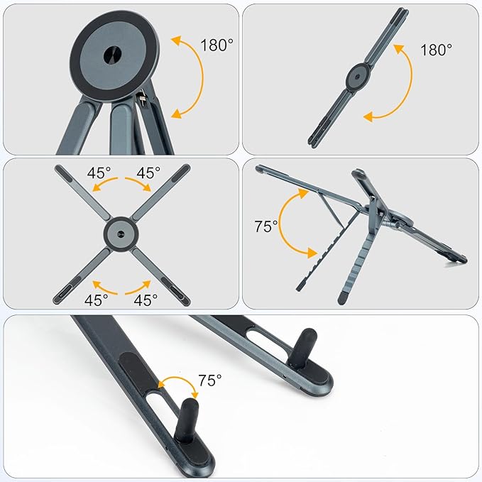 koolehaoda Portable Laptop Stand for Desk & Travel, CNC Aluminum Foldable Computer Riser Magnetic Grip Multi-Angle Support Stand for MagSafe,MacBook,iPhone,iPad, 4??6" Phones,Tablets and Laptops