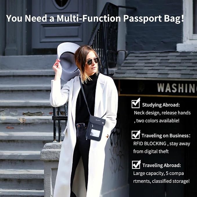 Passport Holder for Travel, RFID Passport Wallet with Visual Window Design, Multifunctional Document Organizer, Waterproof Travel Pouch Neck Wallet for Men and Women, Navy Blue