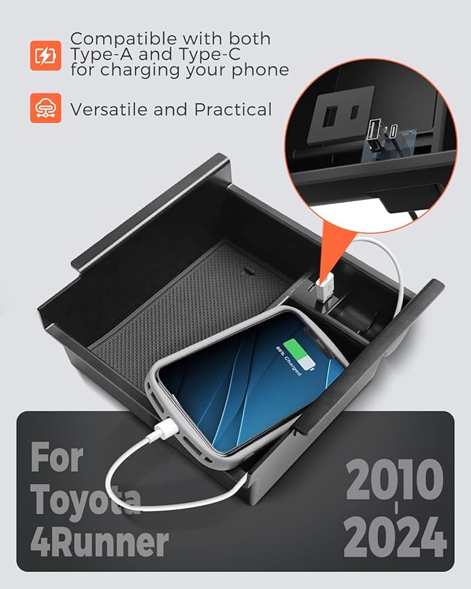 DrCarNow Upgrade for Toyota 4Runner Center Console Organizer Tray with USB Port 2010-2023 2024, Secondary Insert Storage Armrest Box ABS Black Materials for 4Runner 2010-2024 5th Gen Car Accessories