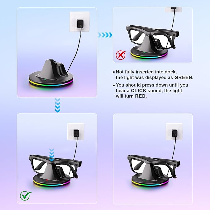Charging Dock for Meta Glasses Ray-Ban: Wayfarer, Skyler, Headliner & Oakley HSTN Smart Glasses Charger with LED Power Status Light, Black