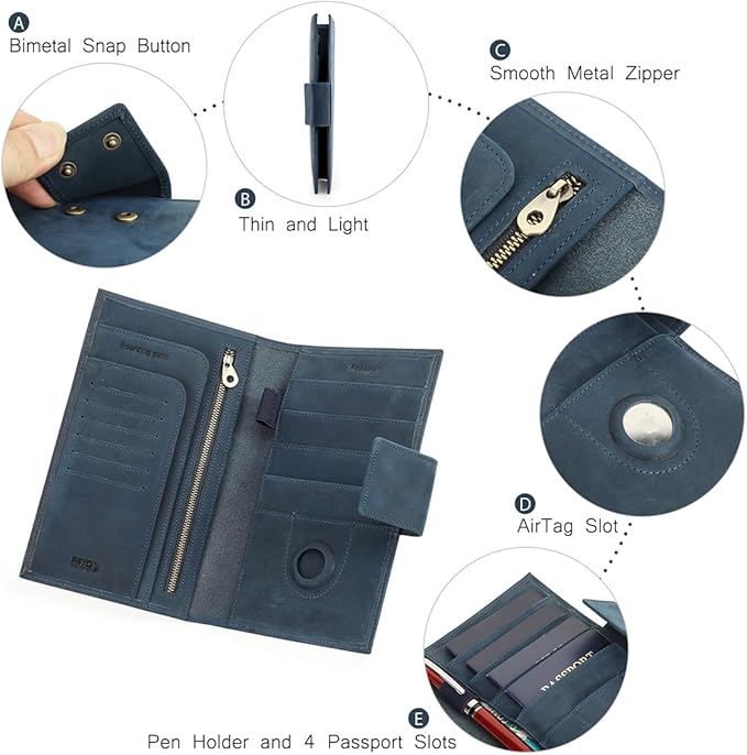 CONTACTS Full Grain Leather Family Passport Holder for 4 RFID Blocking Passport Wallet Compatible with Airtag Passport Cover with 4 Passport Slot, 6 Card Slot (Blue)