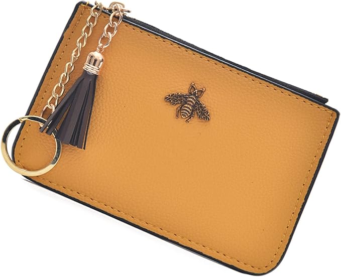 Coin Purse Change Wallet Pouch Leather Card Holder with Key Chain Tassel Zip(Yellow)