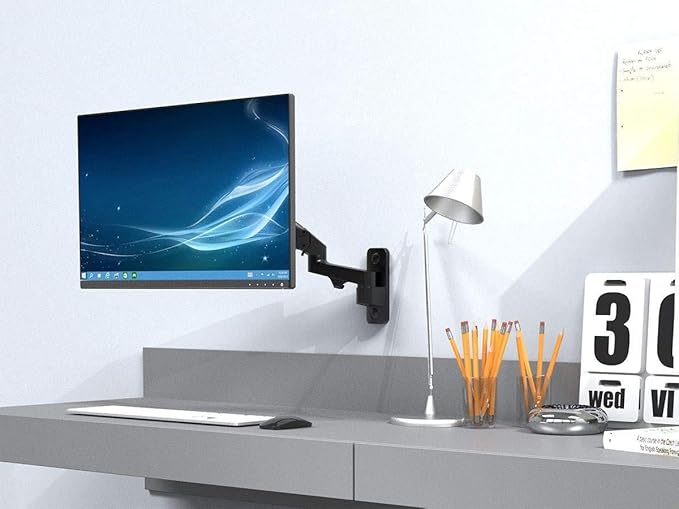 Monoprice Full Motion Wall Mount - for Monitors Up to 27 Inch, Adjustable Gas Spring, 2-Segment, Supports Max Weight 15.4 Pounds, Black - Workstream Collection