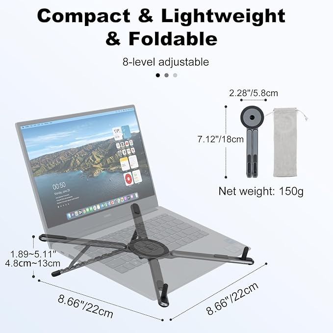 koolehaoda Portable Laptop Stand for Desk & Travel, CNC Aluminum Foldable Computer Riser Magnetic Grip Multi-Angle Support Stand for MagSafe,MacBook,iPhone,iPad, 4??6" Phones,Tablets and Laptops