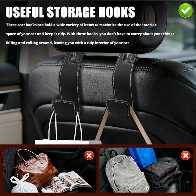 Car Seat Headrest Hooks, Purse Hook for Car, Automotive Headrest Handbags Holder, Auto Accessories Leather Seatback Organizer Hanger for Hanging Purses Bags Coats (Black, 1PCS)