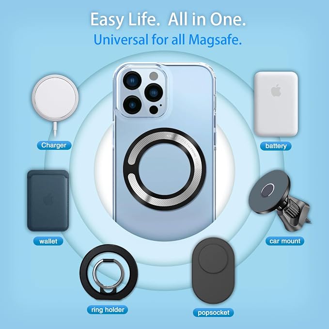 4Pcs Adapter Ring for Magsafe, Magnet Adapter, Magsafe Sticker with Sticky Adhesive, Black Metal Loop for Wireless Charger/Card Wallet/Car Mount/Battery Pack/Socket Grip, Compatible with All Phone