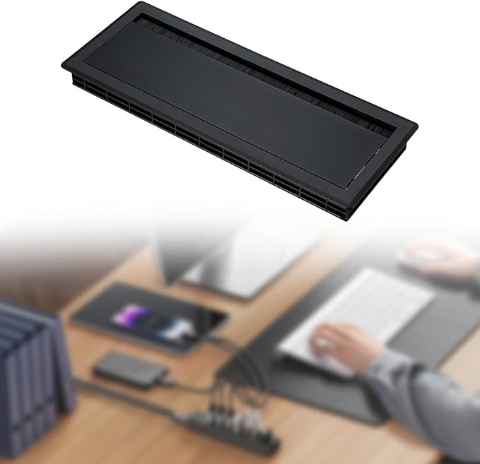 Cable Box Wire Organizer Cable Management Box Wire Holder Flip Brush Aluminum Alloy PP Dustproof Embedded Design Suitable for Office Desk, Black