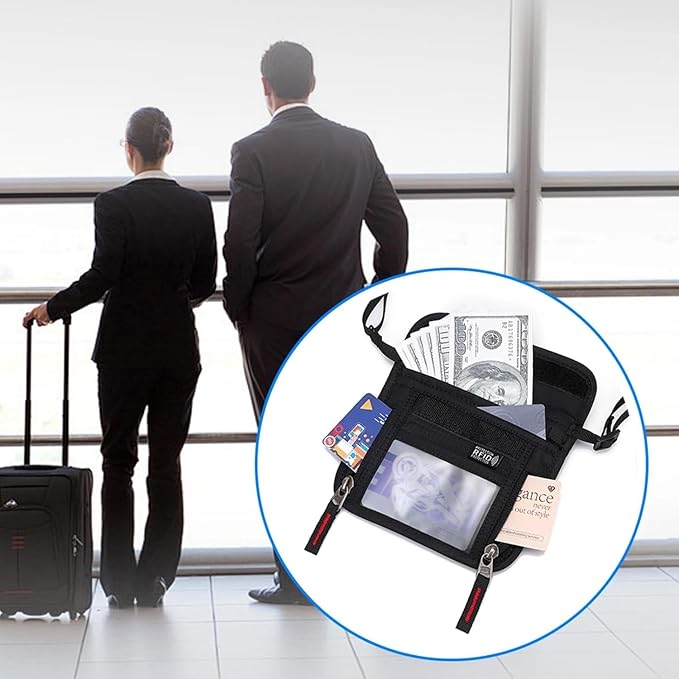 Passport Holder for Travel Pouch Neck Wallet for Traveling Women Men with RFID Blocking Waterproof and Slim Neck Pouch Adjustable Neck Strap (Black(Red zipper))