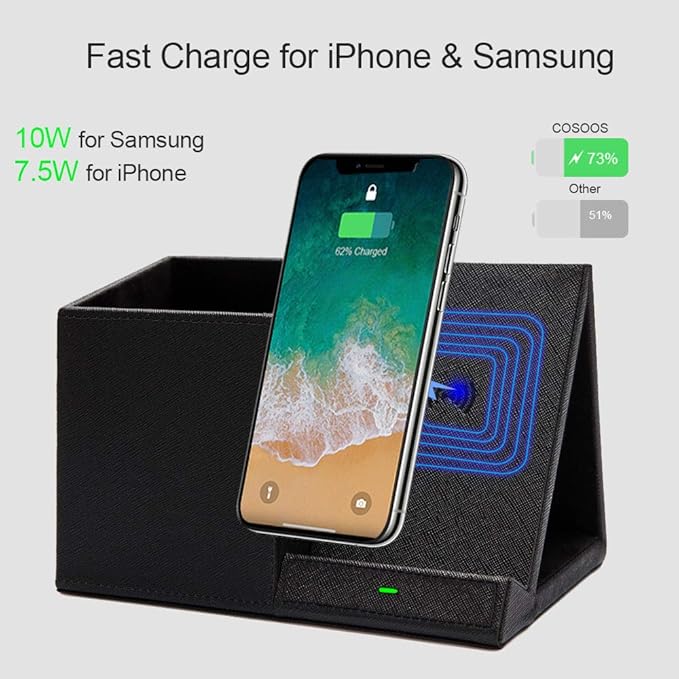 COSOOS Fast Wireless Charger with Desk Organizer, Desk Phone Charger Compatible with 15/15 Pro/15 Pro Max/14/13/12/11/XS/8 Plus, Galaxy S21/S20+/S10/Note 10/Note 9/(No AC Adapter)