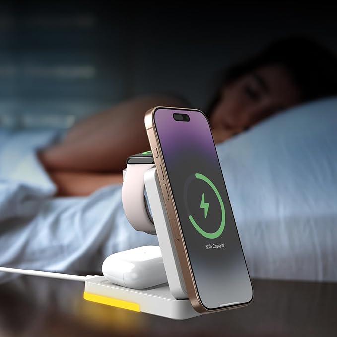 3-in-1 Travel Magnetic Charging Station for iPhone 17/17 Pro/17 Pro Max/Air/16 15 14 13 12 Pro Max Plus mini/Apple Watch/Airpods, Foldable Portable Wireless Charger Stand with Night Light-White