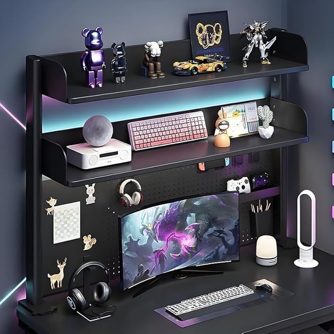 CHSSIH Clamp On Desk Pegboard Shelf - Metal Desktop Organizer Hutch with 2 Shelves for Storage and Display, Desk Add-On Shelf for Office, Dorm, or Computer Monitor Stand, Black, 39.3In
