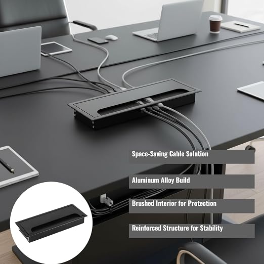 Desktop Cable Management Cover for Desk Organization - Aluminum Alloy Cable Box with Brush Seal (Black, 8.0x20.0x2.8 cm)