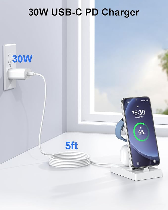 NANAMI 30W USB C Fast Charging Station for Samsung Devices,3 in 1 Charging Dock for Galaxy Watch 7/6/5/4/3,Samsung Galaxy S26/S25/S24,Note 20,Z Fold/Flip,iPhone 17/16/15,Earbuds(Not for Apple Watch)
