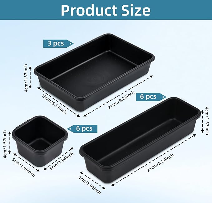 15 Piece Drawer Organizer Set, 3 Size Interlocking Plastic Storage Bins for Office Supplies, Jewelry Makeup Vanity, Bathroom Kitchen, Home Organization Closet, Gadgets Small Items, Black