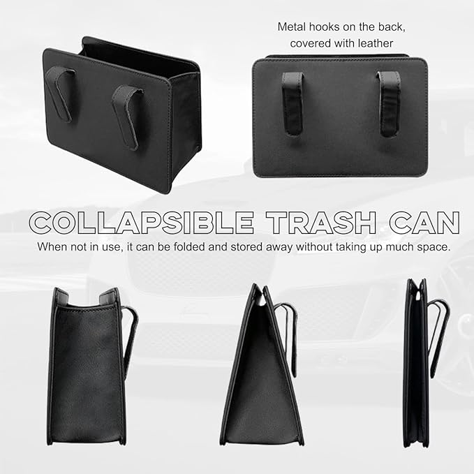 Yourkar Car Trash Can, Foldable Waterproof Leather Car Garbage Organizer Holder, Automotive Mini Dustbin Container with One Roll Trash Bag, Universal Interior Car Accessories (Black)