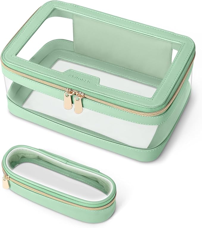 Soimeat Travel Clear Makeup Bag with Makeup Brush Bag, Leather Makeup Case Toiletry Bag, Portable Cosmetic Bag Case, Transparent Waterproof Cosmetic Organizer Storage Bag for Women, Mint Green