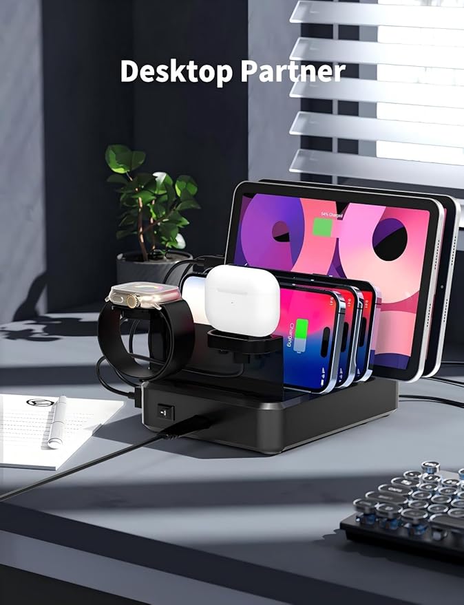 Charging Station for Multiple Devices, 110W 6 Port USB-C Fast Charger Station Dock for iPad iPhone Android Cell Phone Tablet, Family Multi-Device Organizer (6 Short Cables Included)