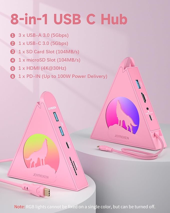 Pink USB C Hub, 8-in-1 Type C Hub with 4K HDMI, 100W Power Delivery, 5Gbps USB-C, 3xUSB-A 3.0, SD/TF Card Reader, RGB Lighting, Pink Dock for MacBook Air/Pro, iPad, iPhone16, Surface, XPS, etc.