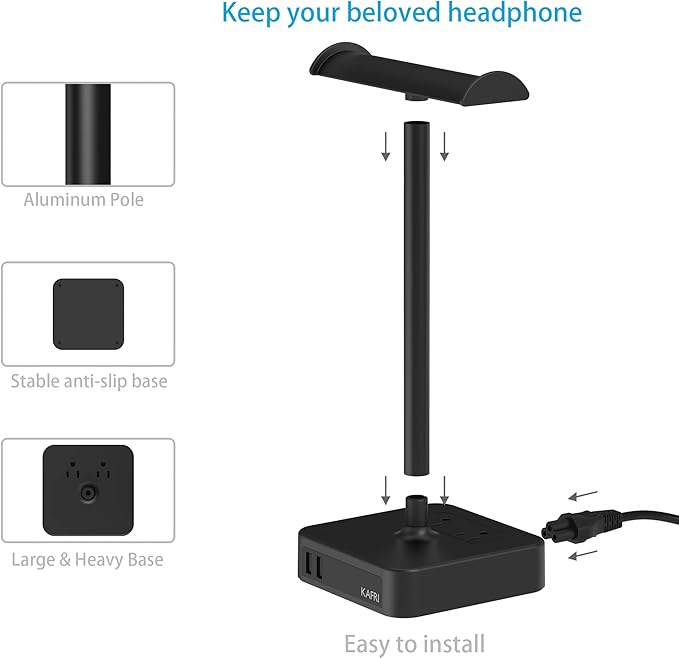 KAFRI Dual Headphone Stand with USB Charger Desk Gaming Double Headset Holder Hanger Rack with 2 USB Charging Port and 2 Outlet - Suitable for Gamer Desktop Table Game Earphone Accessories Gift