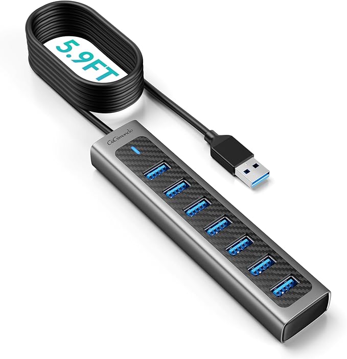GiGimundo USB Hub 3.0, 8-Port USB Hub Long Cable 6 FT with 7-USB3.0 Data Ports and TypeC 5V/3A Power Port, Aluminum 5Gbps USB Splitter for PC, Laptop, Desktop, Computer, PS5, XPS(Gray,1.8M)