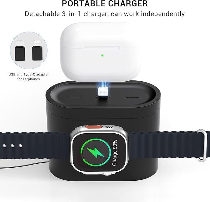 7 in 1 Charging Station for iPhone, Wireless Charging Station, Alarm Clock, Night Light, Wireless Charger for iPhone 17 16 15 14 13 12 Pro Max & Apple Watch - Charging Stand Dock for AirPods(Black)