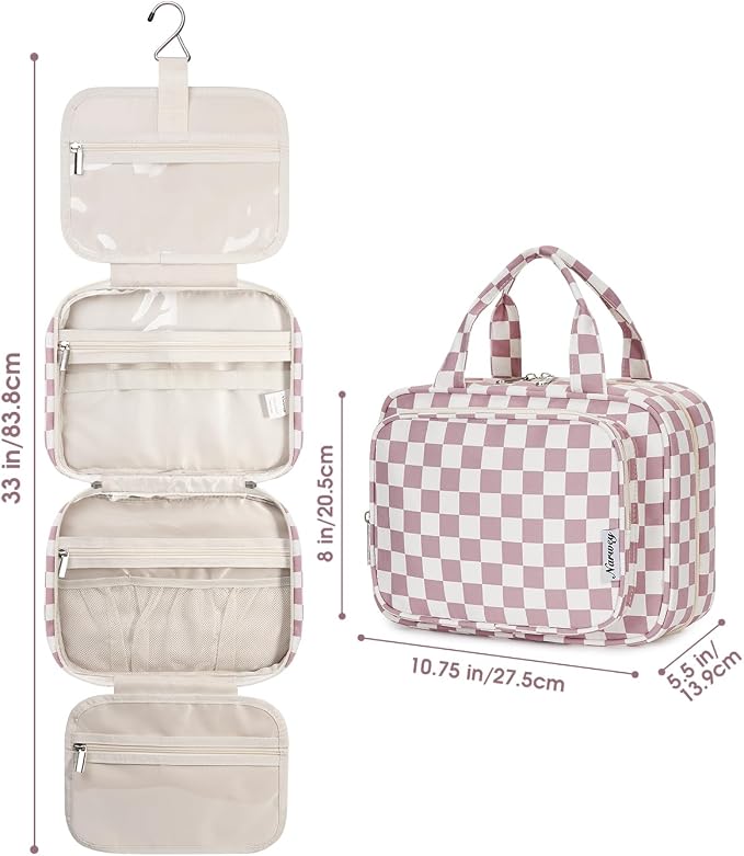 Narwey Hanging Toiletry Bag for Women Travel Makeup Bag Organizer Toiletries Bag for Travel Size Essentials Accessories Cosmetics (Dusty Pink Checkerboard (Medium))