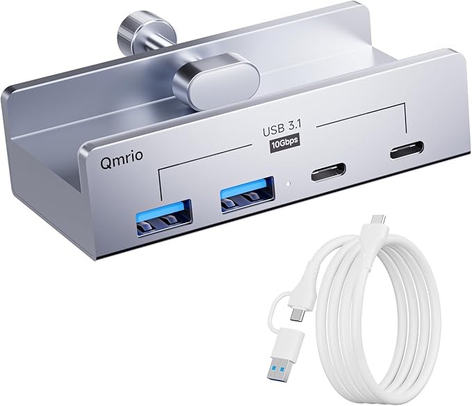 USB Hub 3.1, 10Gbps Clamp USB Hub with 2 USB-A Data Ports, 2 USB-C Port with Extra Power Supply Port (Silver)