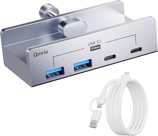 USB Hub 3.1, 10Gbps Clamp USB Hub with 2 USB-A Data Ports, 2 USB-C Port with Extra Power Supply Port (Silver)