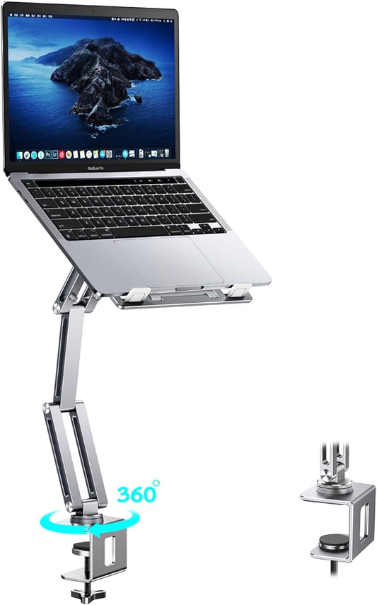 Laptop Mount for Desk, Tablet Arm Mount with 360° Rotating, Aluminum Laptop Tray Adjustable, Foldable Computer Stand/Holder, Fit for 11-15 Inch Laptops (Silver)