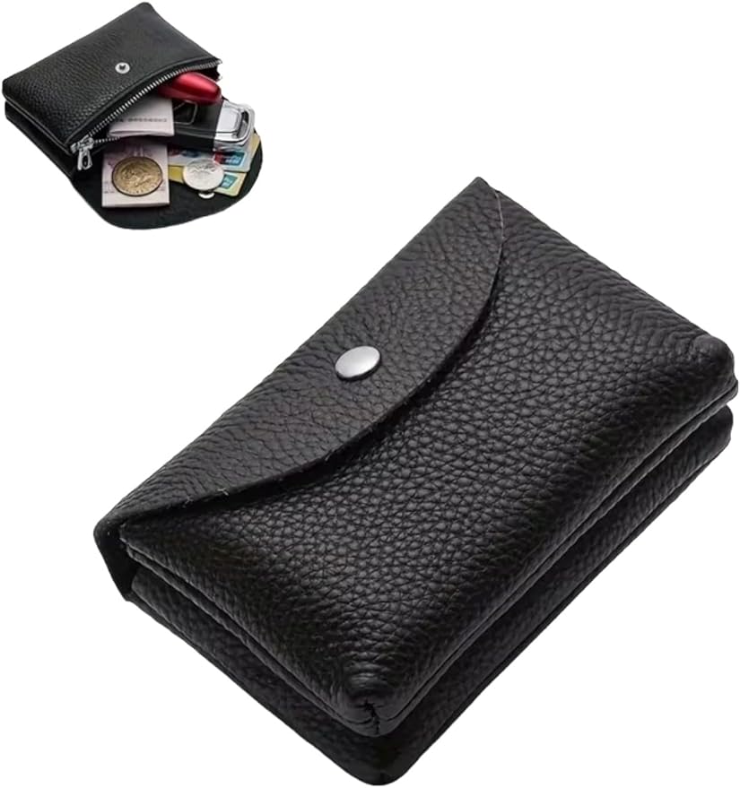 Genuine Real Leather Coin Purse Small Wallet for Women Men, Card Holder Case, Jewery Lipstick Organizer (Black)