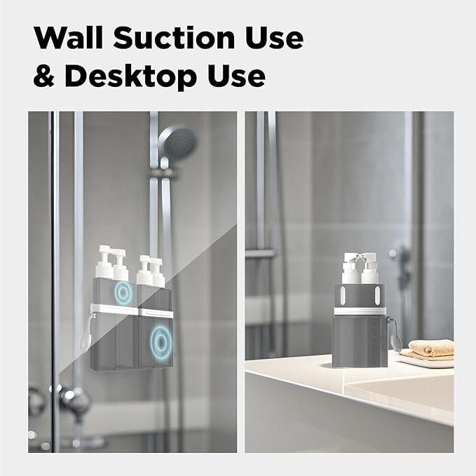 4 in 1 Travel Dispenser Bottle, TSA Approved Refillable Shampoo and Conditioner Bottles Set with Suction Cup for Smooth Walls, Travel Size Toiletries Container for Body Wash/Lotion.(Grey)
