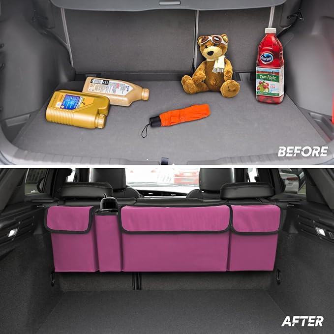 BELOMI Car Trunk Organizer, Auto Waterproof Sturdy Backseat Hanging Large Storage Collapsible Cargo Bag with Anti-Slip Adjustable Strip&4 Pockets, Vehicle Interior Accessories(Purple)