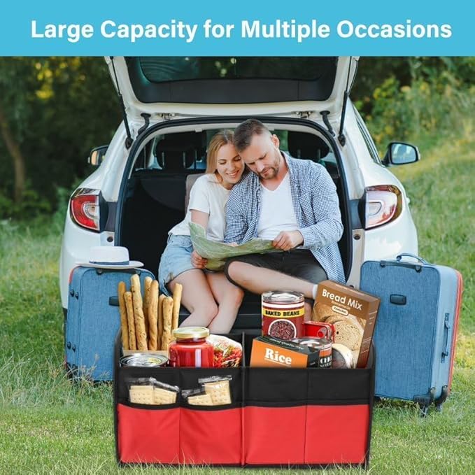 Simple Deluxe Trunk Organizer for Car/SUV/Truck, Collapsible 2 Compartment 50L Automotive Storage Box with 5 Pocket, 600D Waterproof Oxford Polyester, Anti-slip & Leak-proof, Red