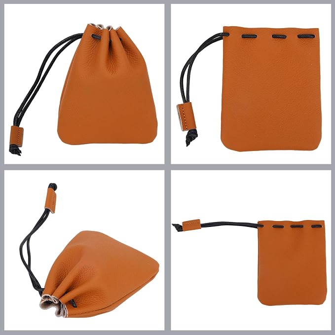 Penitue Leather Drawstring Pouch, Cowhide Vintage Leather Storage Bags Pouch Medieval Coin Purse Organizer for Earphone (Light Brown)
