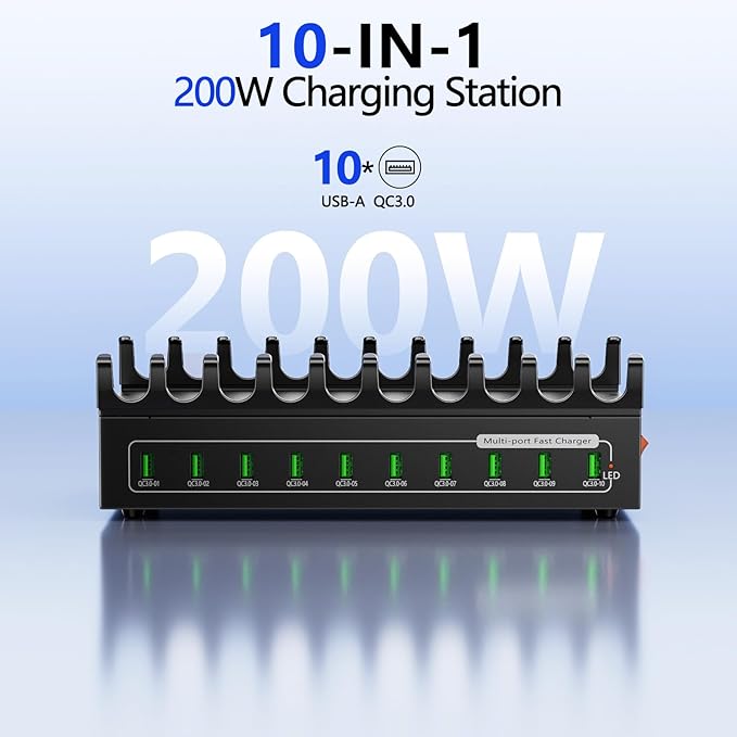 200W Charging Station for Multiple Devices, 10-Port USB Fast Charger Station,Desktop Multi Charging Station Hub Compatible with Samsung/iPhone/iPad/Google Pixel/Tablets and Other USB Electronics