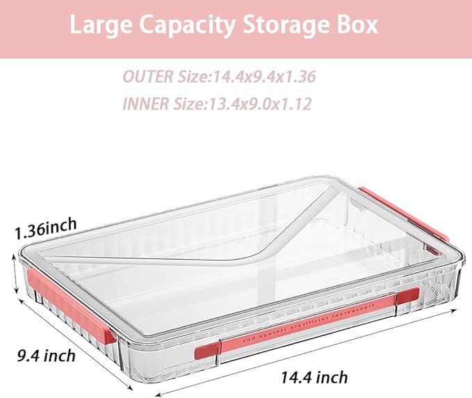 Clear Storage Box with Latch, 2 Pack, Stackable | Clear plastic project case with Red latch. Portable stackable storage for A4 files, scrapbooks, art supplies. Small size.
