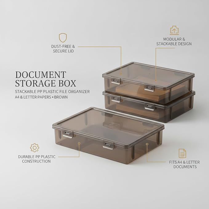 Stackable Document Storage Box with Lid, Rigid PP Plastic File Organizer for Letter & A4 Papers, Brown