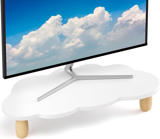 AFOOYO Monitor Stand Riser,Cloud Shape Wood Computer Monitor Stand, 16.5IN Monitor Stand Riser, Multi-Purpose Desktop Organizer Riser for Computer,Laptop,Printer,TV,White