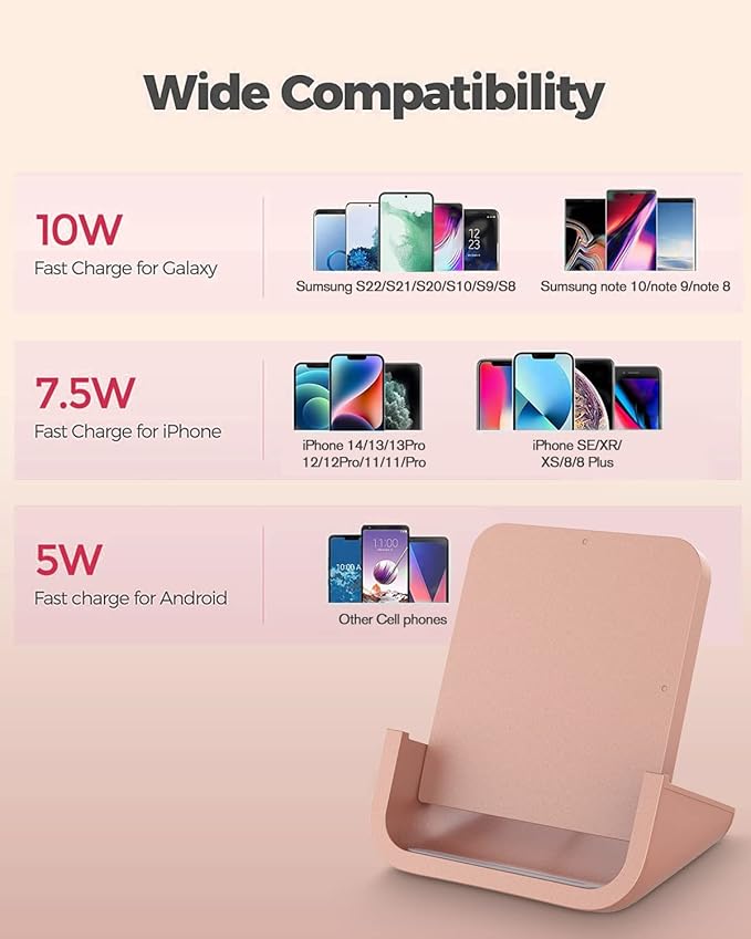 Wireless Charger YUWISS Wireless Charging Stand Cordless Charger 10/7.5/5W Compatible with iPhone 14 13 12/12 /11Pro Max/XR/XS Max/XS/X/8/8Plus Galaxy S22/S21/S9/S9+/S8/S8+ Note (Rose Gold)