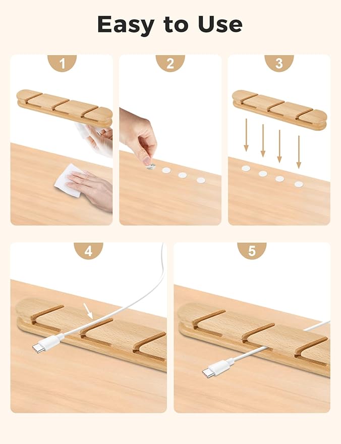 Natural Beech Wood Cable Holder & Cord Organizer, Adhesive Cable Clips for Desk, Under Desk, Wall, Bedside & Car, Wood Cable Management for Home Office, Phone Charging & USB Cables