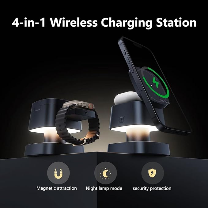 【2026 Upgraded】4 in 1 Wireless Charger, 3 in 1 Wireless Charging Station with Night Light for MagSafe Charger, 15W Magnetic Travel Stand for iPhone17/Air/Pro/Max/16/15/14, Apple Watch, Airpods (Black)