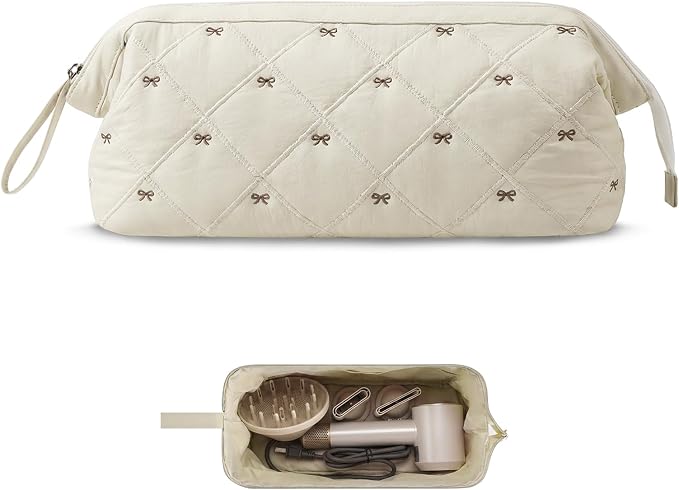 Stratalife Quilted Hair Tools Travel Bag with Polishing Cloth Compatible with Dyson Airwrap Shark Flex Style, Portable Toiletry Bag Hair Dryer Curling Iron Carrying Case Travel Essentials Beige Bow