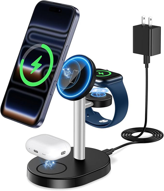 Hevanto 2026 3 in 1 Wireless Charging Station for Apple MagSafe Charger, 15W Fast Magnetic Mag-Safe Charger Stand for iPhone 17 16 15 14 13 12 Apple Watch AirPods Series, Gray&Black