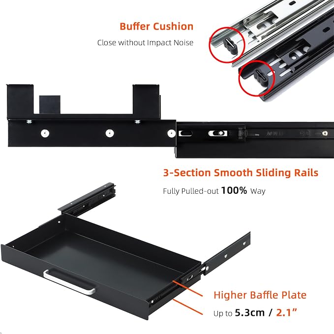 Under Desk Drawer Black 21" with 4 Divider Trays, Under Shelf Pencil Drawer Pull-out, Standing Desk Metal Storage Attachment Slide Out for Workbench