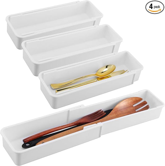 4 PCS Expandable Drawer Organizer, Adjustable Drawer Organizer Trays, Drawers Dividers Organizers and Storage For Office Supplies, Pens, Makeup,Utensils, Tools, Flatware and Junks, White
