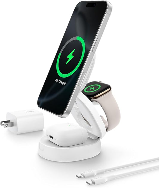 Belkin MagSafe Charger Compatible, 3-in-1 Qi2 15W Wireless Charging Station, Convertible Wireless Charger for iPhone 17, Apple Watch, AirPods, Pixel 10, Phone Stand for Travel w/ 36W Adapter - White