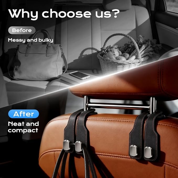 2026 New Headrest Hooks for Car, Car Seat Back Storage Hook, Leather Seat Back Storage Hook Organizer, Twin Hook Design Heavy Duty Holder for Purse, Bags, Handbag, Grocery, Umbrella (2, Black)