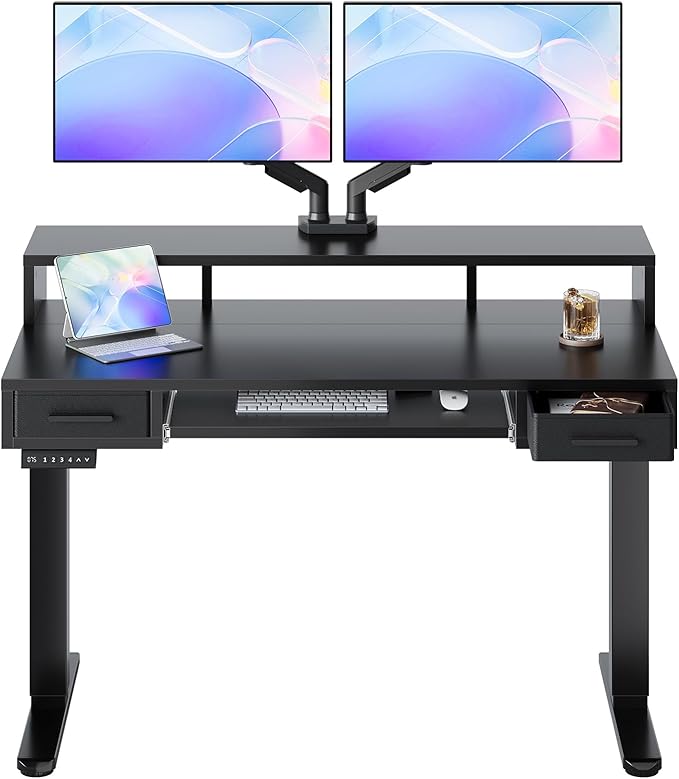 HUANUO 48″ x 26″ Electric Standing Desk with 2 Drawers &24.4″ Large Keyboard Tray, C-Clamp Mount Compatible, Adjustable Computer Desk for Office, Sit Stand Up Desk with 4 Height Presets, Black