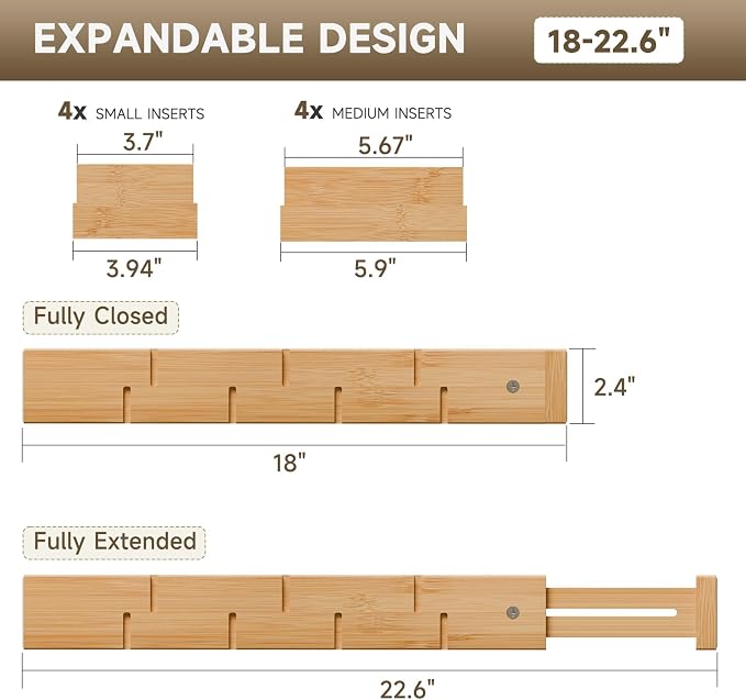 Bamboo Drawer Dividers, Expandable Kitchen Drawer Organizer, Include 4 Dividers, 4 Small Inserts and 4 Medium Inserts for Home, Office, Dressers