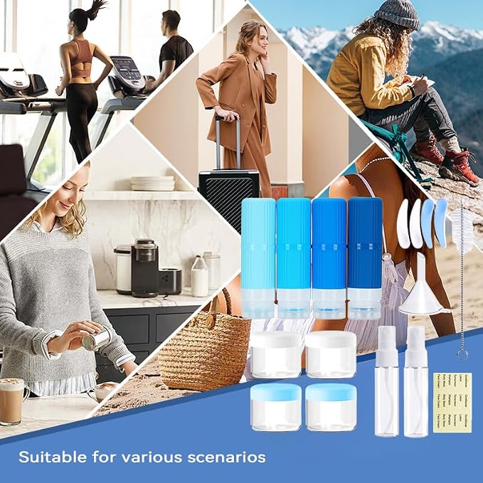 18 packs of toiletries travel bottles, TSA Approval silicone travel containers, leak proof refillable shampoo and conditioner are essential for travel, fitness, business trips, office use(blue)